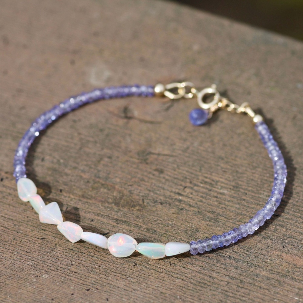New Natural Welo Opal Tanzanite Bracelet Solid 14k Gold , 14th 24th Anniversary